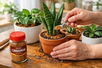 Manos esparcen canela en polvo con una cuchara sobre la tierra de una planta de serpiente en maceta de terracota, junto a un frasco de canela y otras plantas.