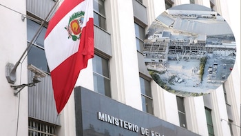 Bandera de Perú en edificio con texto "Ministerio de Relaciones". Inset circular muestra edificios destruidos, escombros y estacionamiento