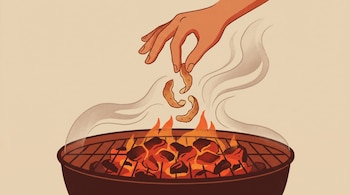 Ilustración de una mano arrojando cáscaras de papa sobre brasas incandescentes en una parrilla. Humo claro se eleva sobre un fondo beige.