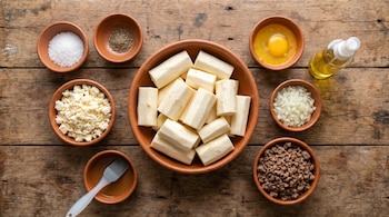 Vista aérea de múltiples cuencos de barro sobre una mesa de madera, conteniendo yuca pelada, carne molida, queso, cebolla, sal, pimienta, huevo y aceite.