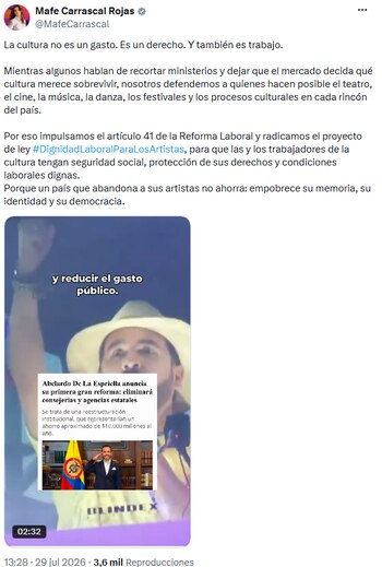 Mafe Carrascal criticó eliminación de ministerios y recorte cultural en el país - crédito @MafeCarrascal/X