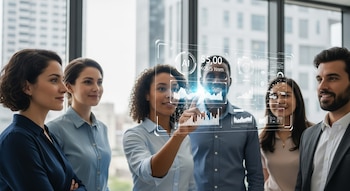 Un grupo de seis profesionales, dos hombres y cuatro mujeres, observan una interfaz digital transparente con gráficos de datos e información de IA.