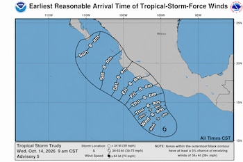 Mapa meteorológico de la costa del Pacífico de México con líneas de contorno que marcan fechas y horas.