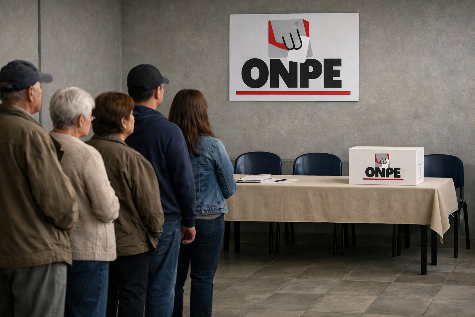 Un grupo de electores hace fila en un centro de votación, observando con paciencia una mesa vacía con sillas desocupadas y una urna electoral cerrada, indicando la ausencia de miembros de mesa. (Imagen Ilustrativa Infobae)