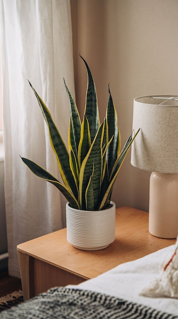 Una sansevieria en maceta blanca sobre una mesa de noche de madera junto a una lámpara y una cortina clara