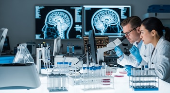 Dos investigadores usan un microscopio y equipo de laboratorio. Se observan tubos de ensayo, placas de Petri y monitores con imágenes cerebrales.