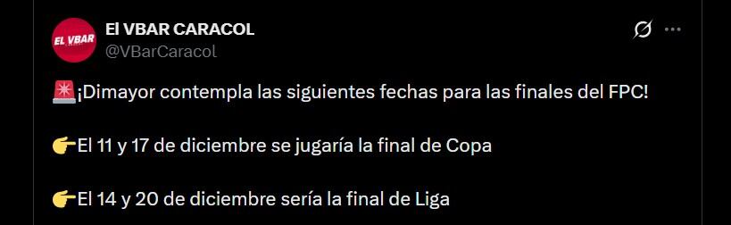 La Copa Colombia se terminaría el 17 de diciembre y la Liga BetPlay tres días después - crédito @VBarCaracol/X