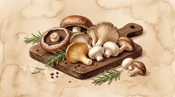 Ilustración en acuarela de hongos, ramitas de romero y granos de pimienta sobre una tabla de madera en un fondo de color beige.
