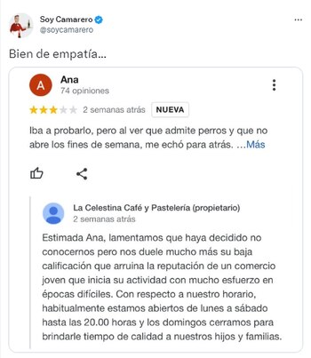 Tuit sobre la respuesta del restaurante a una de sus reseñas