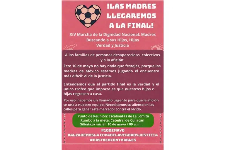 Madres buscadoras y colectivos de búsqueda recorrerán las calles de Culiacán este 10 de mayo. (Crédito: redes sociales)