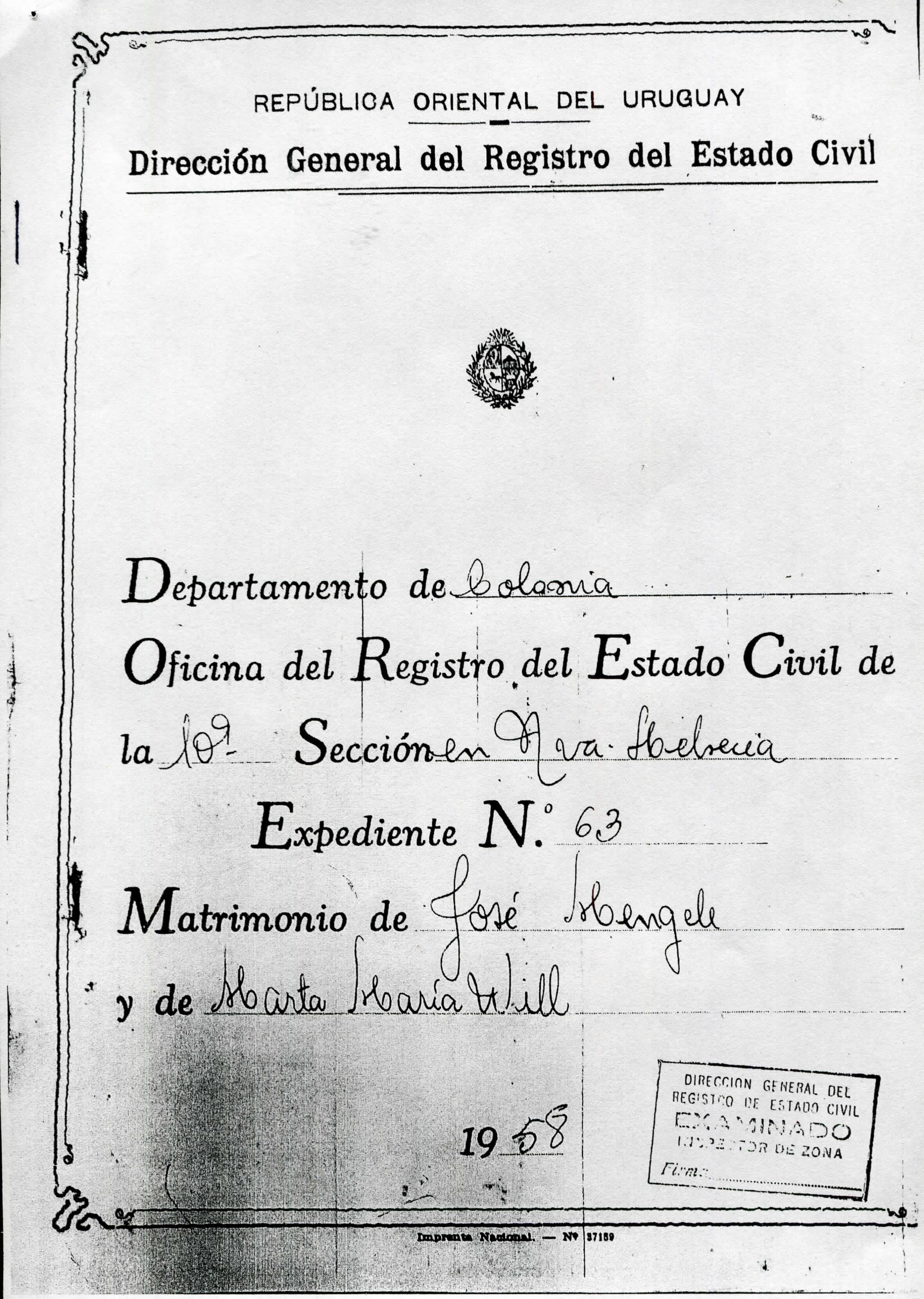 Acta de casamiento de Mengele con su cuñada, Marta Will, con nombre y apellido reales