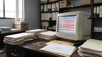 Escritorio con pilas de expedientes, monitor CRT antiguo con pantalla que muestra errores, monedas y sobres. Estanterías con archivos y cajas al fondo, ventana a la izquierda.