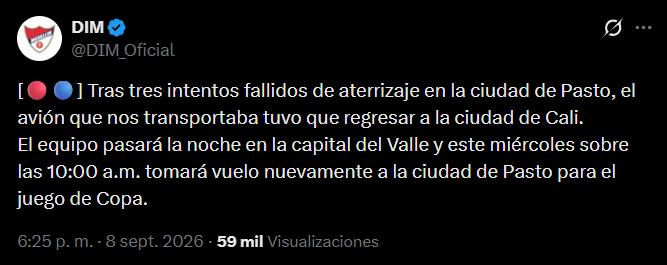 Medellín informó que pasó la noche en Cali por el vuelo frustrado a Pasto para la Copa Colombia - crédito DIM