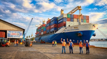 Buque MV San Cristóbal en Puerto Corinto, Nicaragua, con contenedores. Trabajadores saludan. Grúas, montacargas y cartel de "Importaciones Libres de Impuestos" con bandera nicaragüense.