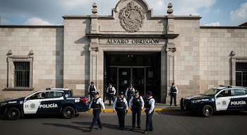 Varios policías uniformados y dos vehículos patrulla azules y blancos están frente a un edificio de piedra que dice 'Álvaro Obregón' en su fachada.