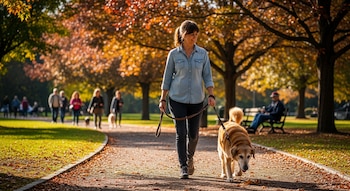 Una mujer camina con un perro con correa por un sendero de parque. Hay árboles con hojas anaranjadas y amarillas, y personas pasean al fondo.