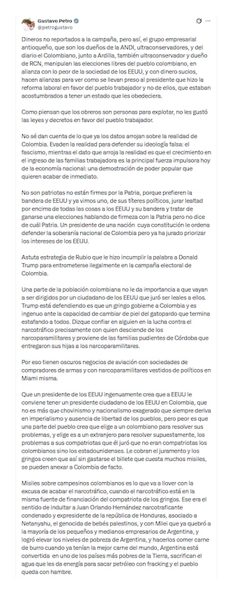 Gustavo Petro y su extenso mensaje en el que lanzó acusaciones a los gremios y los medios