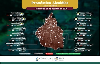 Mapa de Ciudad de México con iconos de sol, nubes y lluvia que señalan las temperaturas previstas para cada una de las dieciséis alcaldías