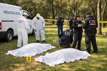 Van de Medicina Legal, personal de Medicina Legal y CTI Fiscalía en un parque, dos cuerpos cubiertos, marcadores amarillos y cinta de precaución.