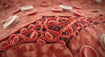Ilustración microscópica de glóbulos rojos modificados entrelazándose para formar un gel elástico dentro de un vaso sanguíneo, con células sanguíneas dispersas.