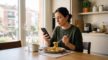 Mujer con suéter verde sentada a la mesa comiendo con un tenedor mientras sostiene un teléfono celular negro.