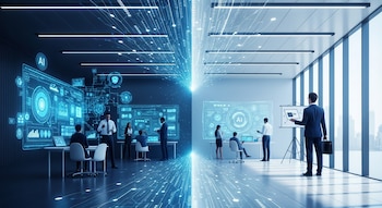 Oficina futurista dividida: a la izquierda, equipo diverso interactúa con interfaces digitales luminosas; a la derecha, un consultor de traje observa una pantalla con vistas a la ciudad.