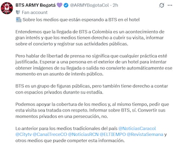 La cuenta Army Bogotá cuestionó la presencia de medios en las inmediaciones del hotel donde se encuentra la agrupación surcoreana. - crédito @ARMYBogotaCol/X
