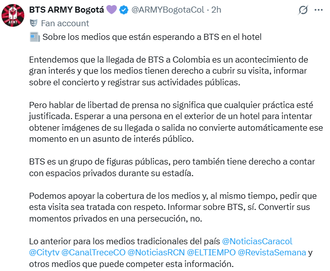 La cuenta Army Bogotá cuestionó la presencia de medios en las inmediaciones del hotel donde se encuentra la agrupación surcoreana. - crédito @ARMYBogotaCol/X