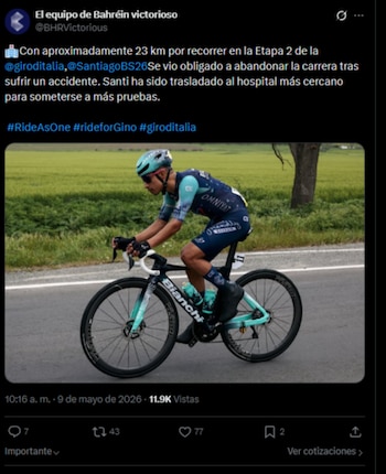 El equipo confirmó la baja del corredor bogotano, y se someterá a pruebas médicas para determinar la gravedad de su lesión-crédito @BHRVictorious/X