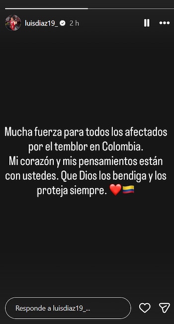 Storie de Luis Díaz tras el sismo en Colombia que deja más de 100 personas muertas - crédito Instagram