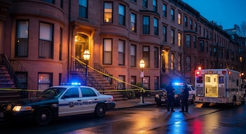 Fachada de un edificio tipo brownstone en la calle Hemenway de Boston al anochecer, con cinta policial amarilla y vehículos de emergencia.