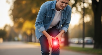 Un hombre joven de piel clara con camisa vaquera se dobla, agarrándose la rodilla izquierda con ambas manos, que muestra un efecto de luz roja.