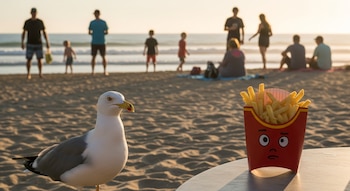 Una gaviota en primer plano mira un envase rojo de papas fritas con ojos y boca dibujados sobre una mesa. En el fondo, personas disfrutan de la playa.