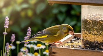 Un verderón europeo de plumaje verde y amarillo brillante se posa en un comedero de madera, picoteando semillas. Al fondo, vegetación borrosa y flores violetas con rayos de sol.