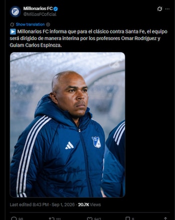 Tras la salida de Fabián Bustos, Omar Rodríguez será el encargado del clásico ante Santa Fe-crédito @MillosFCoficial/X