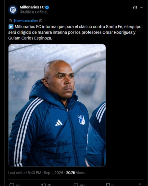 Tras la salida de Fabián Bustos, Omar Rodríguez será el encargado del clásico ante Santa Fe-crédito @MillosFCoficial/X