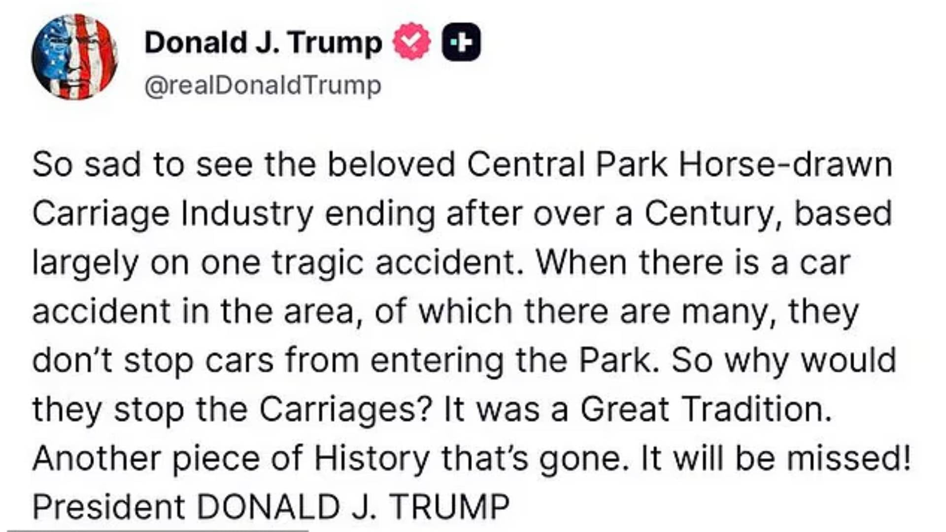 Donald Trump comenta en una publicación en redes sociales el cese de los carruajes tirados por caballos en Central Park en Nueva York. (Truth Social )