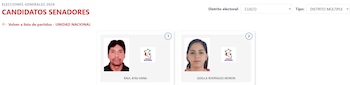 Pantallazo de una web mostrando las fotos de los candidatos Raúl Atau Kana y Gisella Rodríguez Morón para el Senado por Cusco, Elecciones 2026