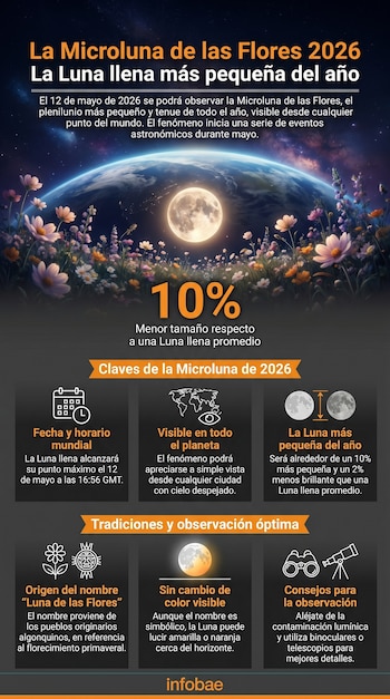 Informações detalhadas sobre Micromoon Flower 2026, mostrando uma lua cheia acima da Terra com um campo de flores em primeiro plano.