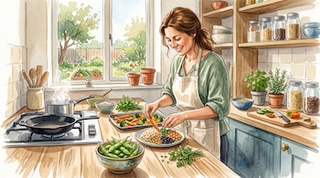 Ilustración de una mujer que sirve verduras y legumbres en un plato, con un recipiente de edamame y utensilios sobre la mesa de la cocina.