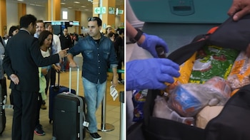 Hombre en el aeropuerto de Lima invitando a un pasajero con maleta otro a ir a otra parte, y foto de mano de inspector abriendo maleta con productos
