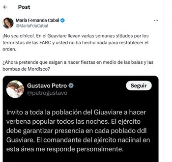 Trino de María Fernanda Cabal sobre pronunciamiento de Petro por situación de seguridad en el Guaviare