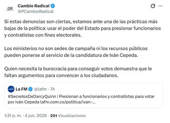 Cambio Radical pidió esclarecer versiones que apuntan a reuniones y mensajes dirigidos a promover apoyos electorales dentro de entidades estatales para Iván Cepeda - crédito @PCambioRadical/X