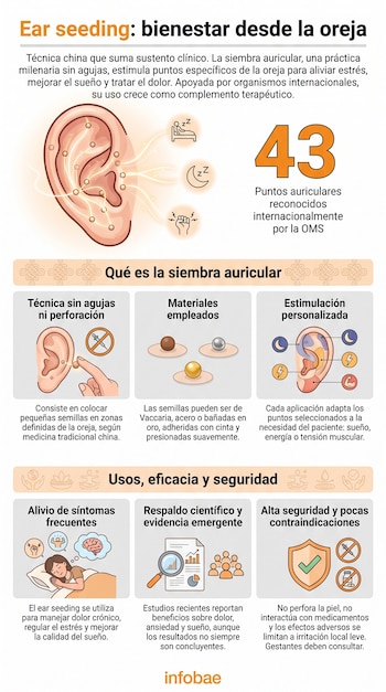 Una infografía muestra una oreja con puntos de siembra, íconos de sueño, estrés y dolor, el número 43, materiales usados y explicaciones sobre la técnica.