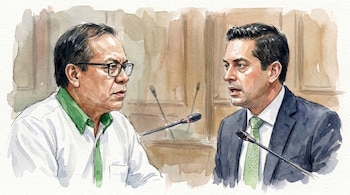 Acuarela que muestra a Roberto Sánchez con gafas y camisa verde, mirando a Miki Torres con traje oscuro y corbata verde; ambos con micrófonos.