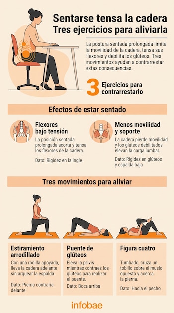 Infografía con ilustraciones de una persona sentada frente a un escritorio y tres figuras realizando ejercicios de estiramiento.