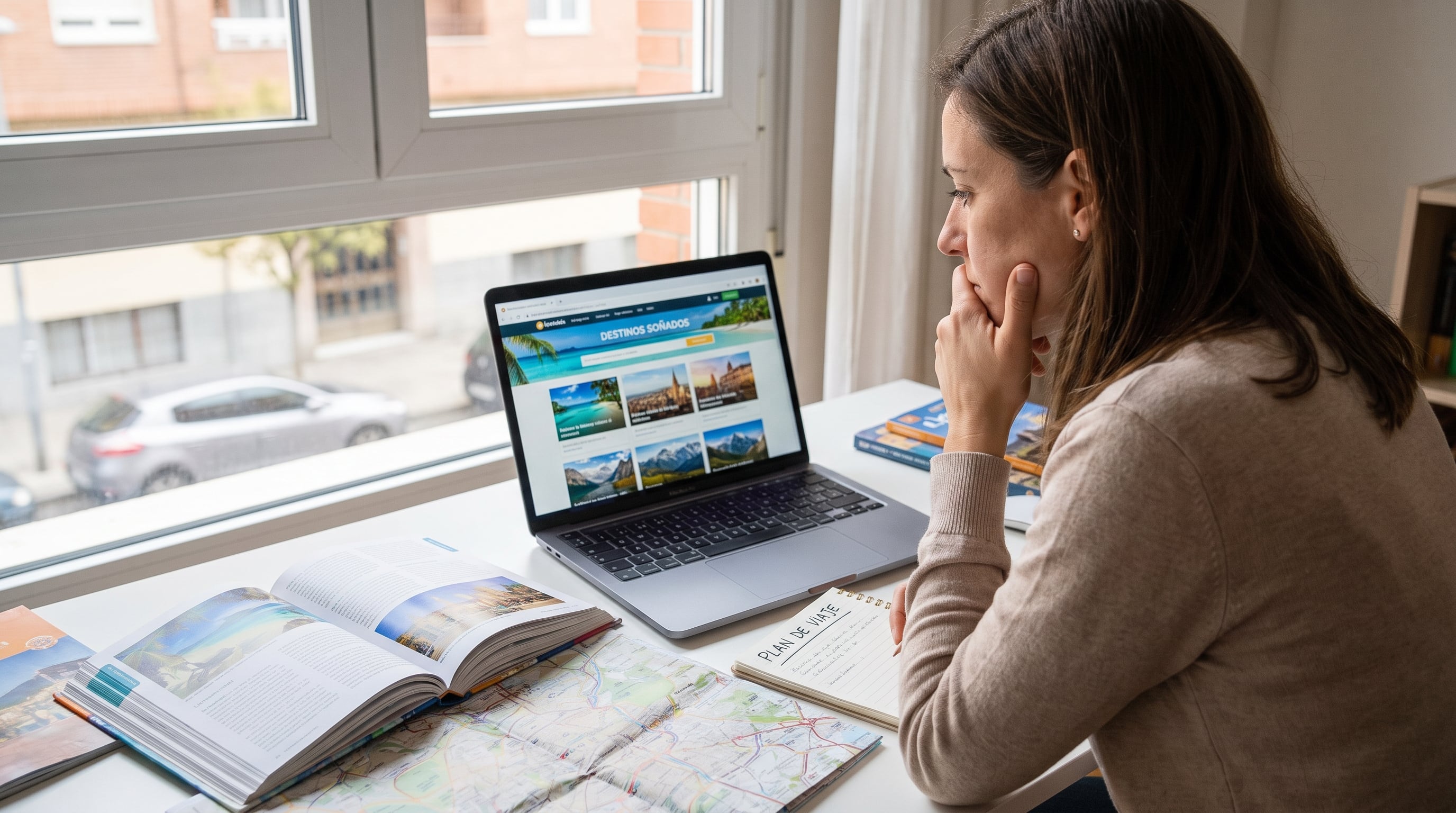 Una mujer consulta opciones turísticas en una computadora portátil junto a un mapa, un libro de viajes y un cuaderno de notas sobre su escritorio. (Imagen Ilustrativa Infobae)
