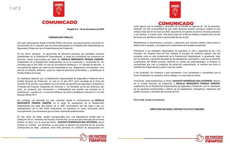 Este es el comunicado del partido Comunes sobre una serie de desvinculaciones al interior de la Unidad Nacional de Protección - crédito @TimoComunes/X