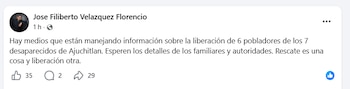 Publicación del padre Filiberto tras la localización de los 6 campesinos. Crédito: Redes Sociales