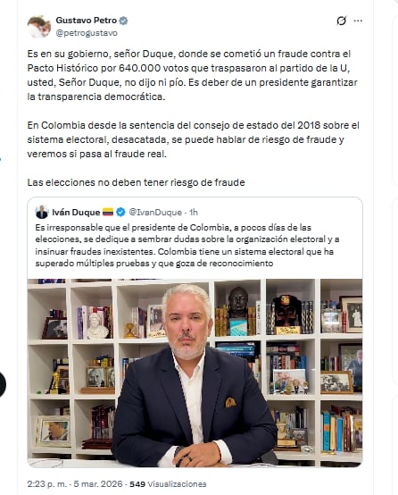 El presidente Gustavo Petro respondió a declaraciones del expresidente Iván Duque y recordó que durante su administración hubo un fraude electoral - crédito @petrogustavo/X